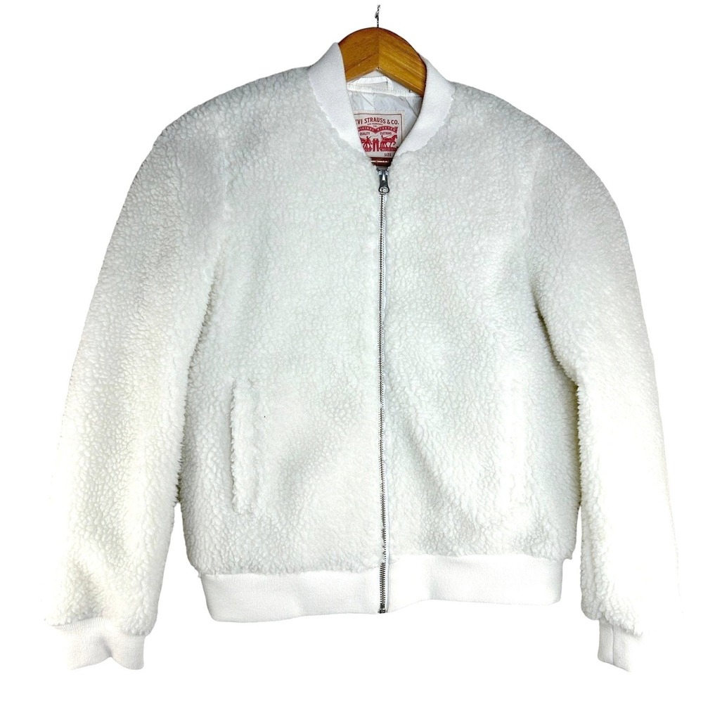 Levi's White Sherpa Bomber Jacket Women's Size‎ XS Vintage Streetwear Cozycore